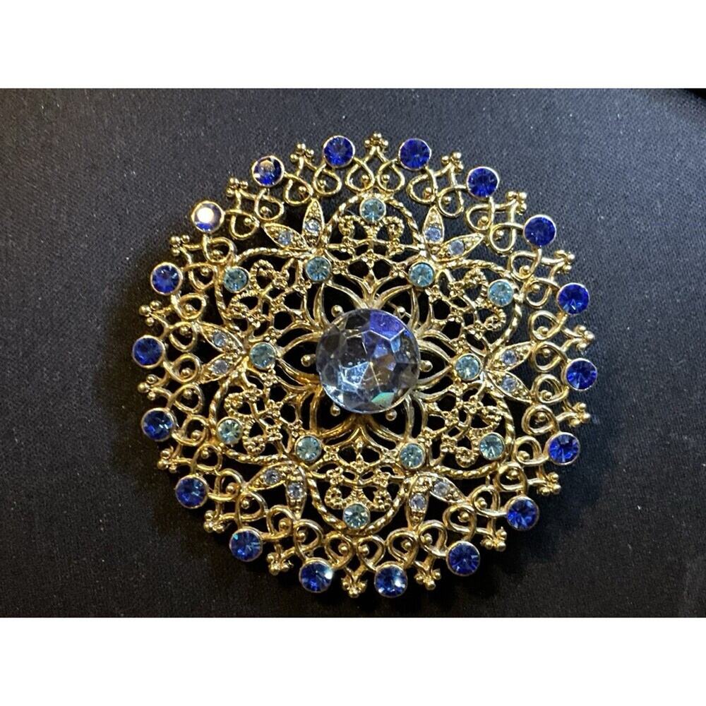 Art Deco Style Light, Dark Blue Rhinestones Gold Tone Large